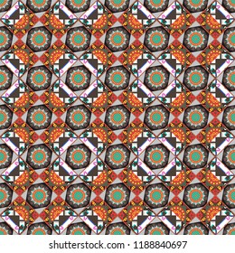 Colorful ethnic seamless background pattern in the style of ceramic tiles. Oriental vector ornament in gray, brown and red colors.