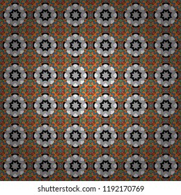 Colorful ethnic seamless background pattern in the style of ceramic tiles. Oriental vector ornament in orange, blue and gray colors.