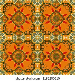 Colorful ethnic seamless background pattern in the style of ceramic tiles. Oriental vector ornament in orange, green and yellow colors.