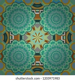 Colorful ethnic seamless background pattern in the style of ceramic tiles. Oriental vector ornament in green, yellow and blue colors.