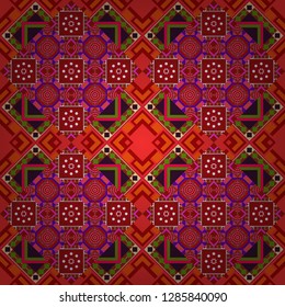 Colorful ethnic seamless background pattern in the style of ceramic tiles. Oriental vector ornament in brown, red and orange colors.
