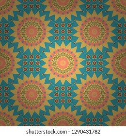 Colorful ethnic seamless background pattern in the style of ceramic tiles. Oriental vector ornament in orange, yellow and blue colors.