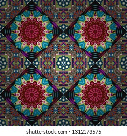 Colorful ethnic seamless background pattern in the style of ceramic tiles. Oriental vector ornament in blue, green and black colors.