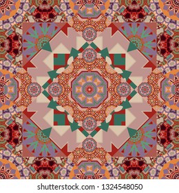 Colorful ethnic seamless background pattern in the style of ceramic tiles. Oriental vector ornament in beige, pink and red colors.