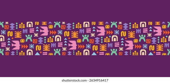 Colorful ethnic seamless pattern with abstract geometric symbols. African tribal motifs in hand drawn style for textile or packaging design. Decorative vector illustration.