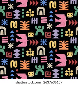 Colorful ethnic seamless pattern with abstract geometric symbols. African tribal motifs in hand drawn style for textile, fabric or packaging design. Decorative vector illustration.