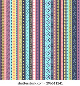 Colorful ethnic seamless pattern design with vertical strips. Vector illustration