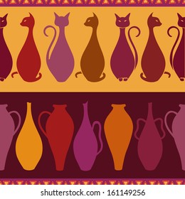 Colorful ethnic seamless pattern with elegance cats and vases