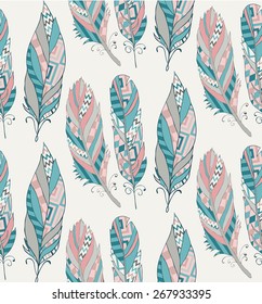 Colorful Ethnic Seamless Pattern with Feathers. Vector Illustration. Hand Sketched. Pattern Swatch