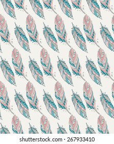 Colorful Ethnic Seamless Pattern with Feathers. Vector Illustration. Hand Sketched. Pattern Swatch