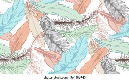 Colorful Ethnic Seamless Pattern with Feathers. Vector Illustration. Hand drawn vector feather pattern for textile and cover design. Boho style fashion pattern. Hippie and tribal sketches background.