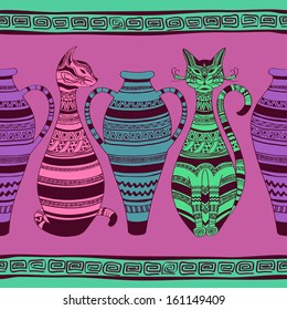 Colorful ethnic seamless pattern with ornate cats and vases