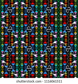 Colorful ethnic style geometric vector seamless pattern. Abstract bright ornamental geometry background. Modern  design with vintage elements. Beautiful tribal design. For fabric, fashion, printing