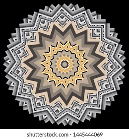 Colorful ethnic style zigzag mandala pattern. Vector ornamental tribal background. Round geometric abstract ornament with stripes, lines, zig zag, shapes. Modern decorative striped mandala design. 