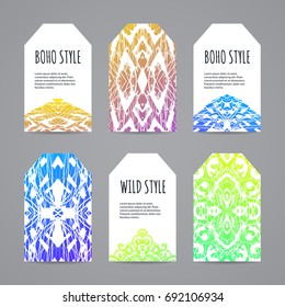 Colorful ethnic tag set. Hand drawn boho labels. Vector illustration.