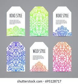 Colorful ethnic tag set. Hand drawn boho labels. Vector illustration.