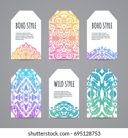 Colorful ethnic tag set. Hand drawn boho labels. Vector illustration.