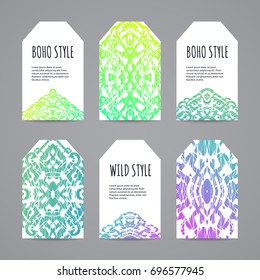 Colorful ethnic tag set. Hand drawn boho labels. Vector illustration.