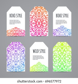 Colorful ethnic tag set. Hand drawn boho labels. Vector illustration.