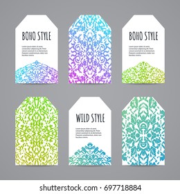 Colorful ethnic tag set. Hand drawn boho labels. Vector illustration.