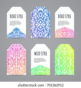 Colorful ethnic tag set. Hand drawn boho labels. Vector illustration.