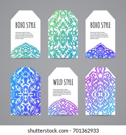 Colorful ethnic tag set. Hand drawn boho labels. Vector illustration.