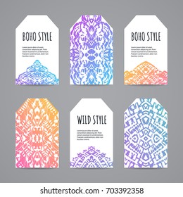 Colorful ethnic tag set. Hand drawn boho labels. Vector illustration.