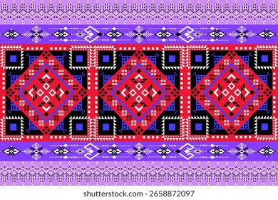 Padrão têxtil étnico colorido com motivos de diamante vermelho e roxo, design geométrico tribal tradicional, pano de fundo de tecido folclórico sem costura para moda, papel de parede e decoração cultural