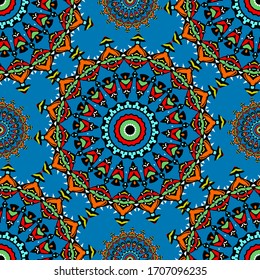 Colorful ethnic vector seamless mandalas pattern. Ornamental abstract folk background. Repeat decorative tribal backdrop. Round floral mandala ornaments. Geometric shapes, lines, flowers, circles.
