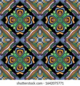 Colorful ethnic vector seamless pattern. Ornamental abstract bright background. Repeat decorative tribal backdrop. Floral mandalas ornaments. Geometric shapes, rhombus, lines, flowers. Ornate design.