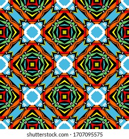 Colorful ethnic vector seamless pattern. Ornamental abstract folk background. Repeat decorative tribal backdrop. Geometrical ornaments. Geometric shapes, lines, squares, rhombus., Decorative design.