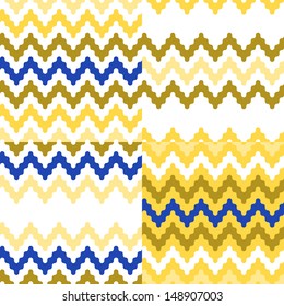 Colorful ethnic zigzag geometric seamless patterns set in blue, white and yellow, vector