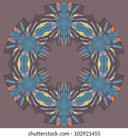 Colorful ethnicity round ornament, mosaic vector illustration in blue and brown colors