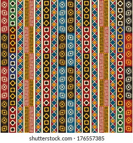 Colorful ethno seamless pattern design with graphic elements. 