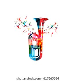 Colorful euphonium with music notes and hummingbirds isolated vector illustration. Music instrument background for poster, brochure, banner, flyer, concert, music festival