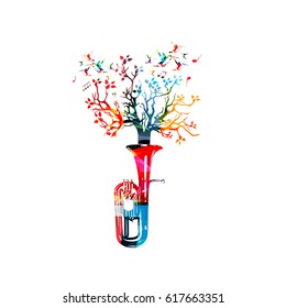 Colorful euphonium with treetop and music notes isolated vector illustration. Music instrument background for poster, brochure, banner, flyer, concert, music festival