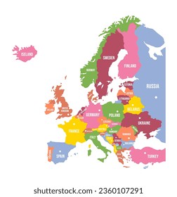 Mapa colorido de Europa. Países y fronteras, mapa político del continente europeo con capitales ilustrativas vectoriales. Concepto de cartografía, diferentes límites de país coloridos para la presentación