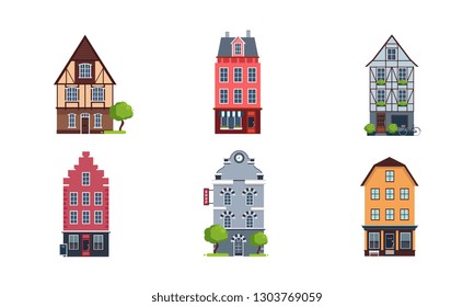 Colorful European facades of houses set, buildings of different architectural styles vector Illustration