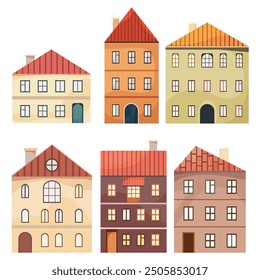 Colorful European houses facades. Houses front view illustration set. Six colorful cartoon buildings with tiled roof, large windows. Architecture colored sketches, drawings