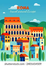 Colorful European Roman Colosseum and cityscape vector illustration