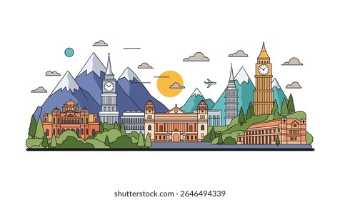 Colorful european skyline panorama with famous landmarks in vector illustration design