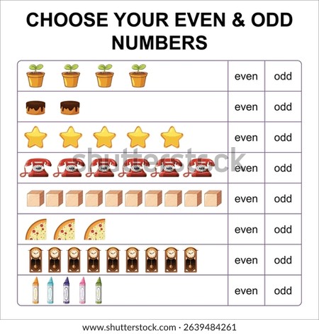 Colorful even and odd numbers chart vector for kids. Great for math learning, classrooms, posters, worksheets, and educational materials.