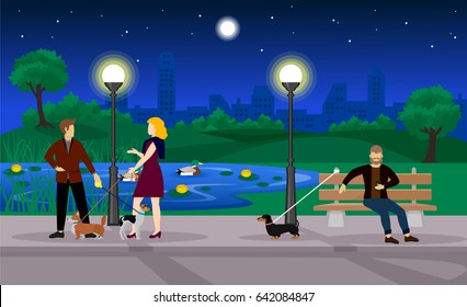 Colorful evening summer park template with people walking dogs pond and plants on cityscape vector illustration