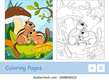 Colorful example of the illustration with two chipmunks sitting under the mushroom in a wood and colorless duplicate. Preschool kids coloring books and developmental activity.