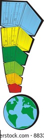 A colorful exclamation mark made out of cartoon shipping containers and an earth globe - vector illustration