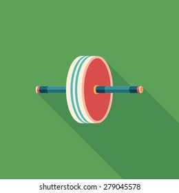 Colorful exercise wheel flat square icon with long shadows.