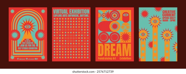 Colorful exhibition posters with abstract designs. Exhibition themes, virtual art, creative art, and fundraising art. Bold, vibrant art exhibition visuals. Psychedelic retro poster template vectors.