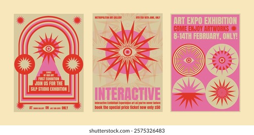 Colorful exhibition posters with bold designs. Exhibition details in vibrant colors. Art exhibition invites with eye-catching graphics. Psychedelic retro poster template vectors.