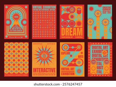 Colorful exhibition posters with bold text and abstract designs. Virtual art exhibition, interactive and digital themes. Bright blue and orange eye-catching. Psychedelic retro poster template vectors.