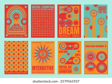 Colorful exhibition posters with bold text and abstract designs. Virtual art exhibition, interactive and digital themes. Bright blue and orange eye-catching. Psychedelic retro poster template vectors.